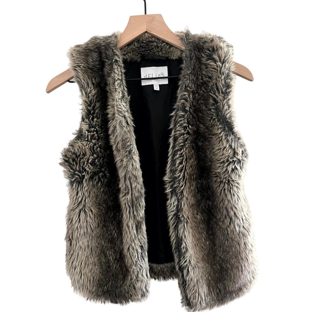dELiA*s Women's Open-Front Faux Fur Vest Sleeveless Casual Gray SZ XS Vintage